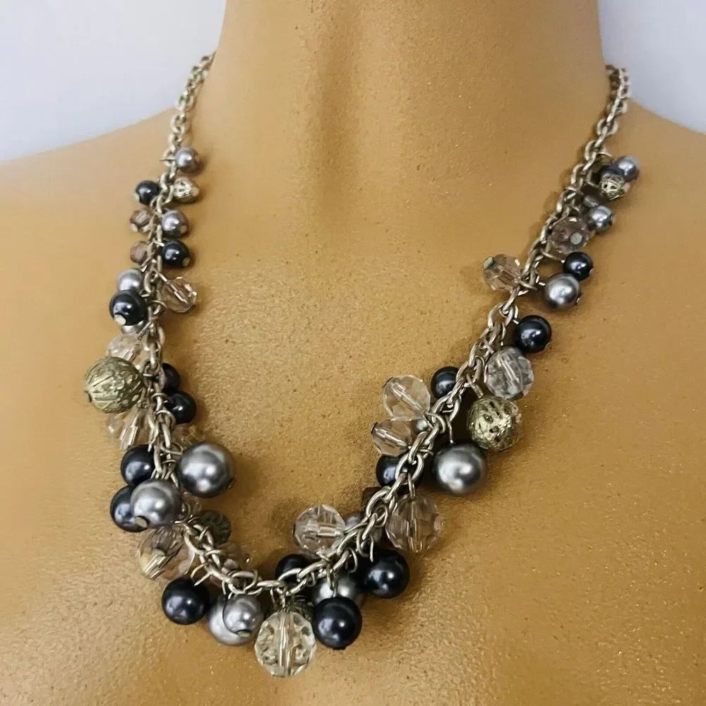 Premier Designs Bauble On Necklace Silver Plated Faux Pearl Filigree Beads